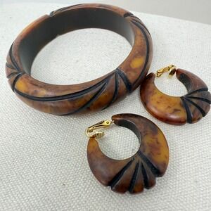 Bakelite Bangle & Earrings Overdyed Marbled Caramel‎ Bamboo Carved Bracelet VTG
